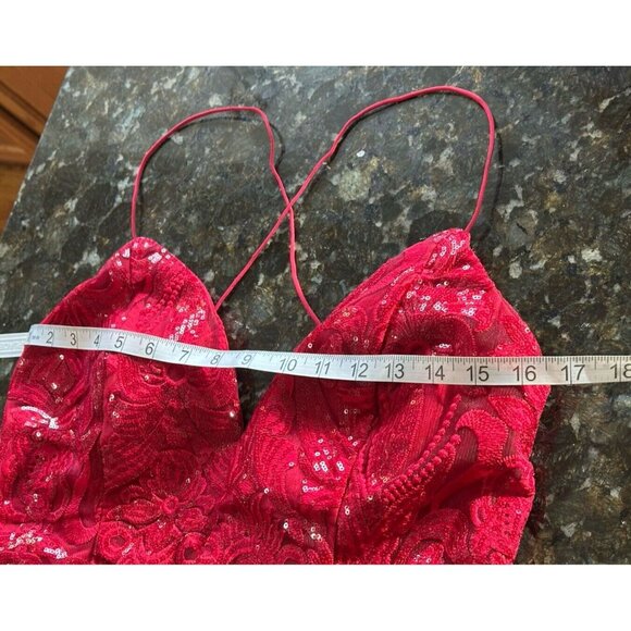 Fashion Nova Dress Cherry Red Ayana Corset Sequin Tulle Mesh Overlay Double Slit - Picture 12 of 16